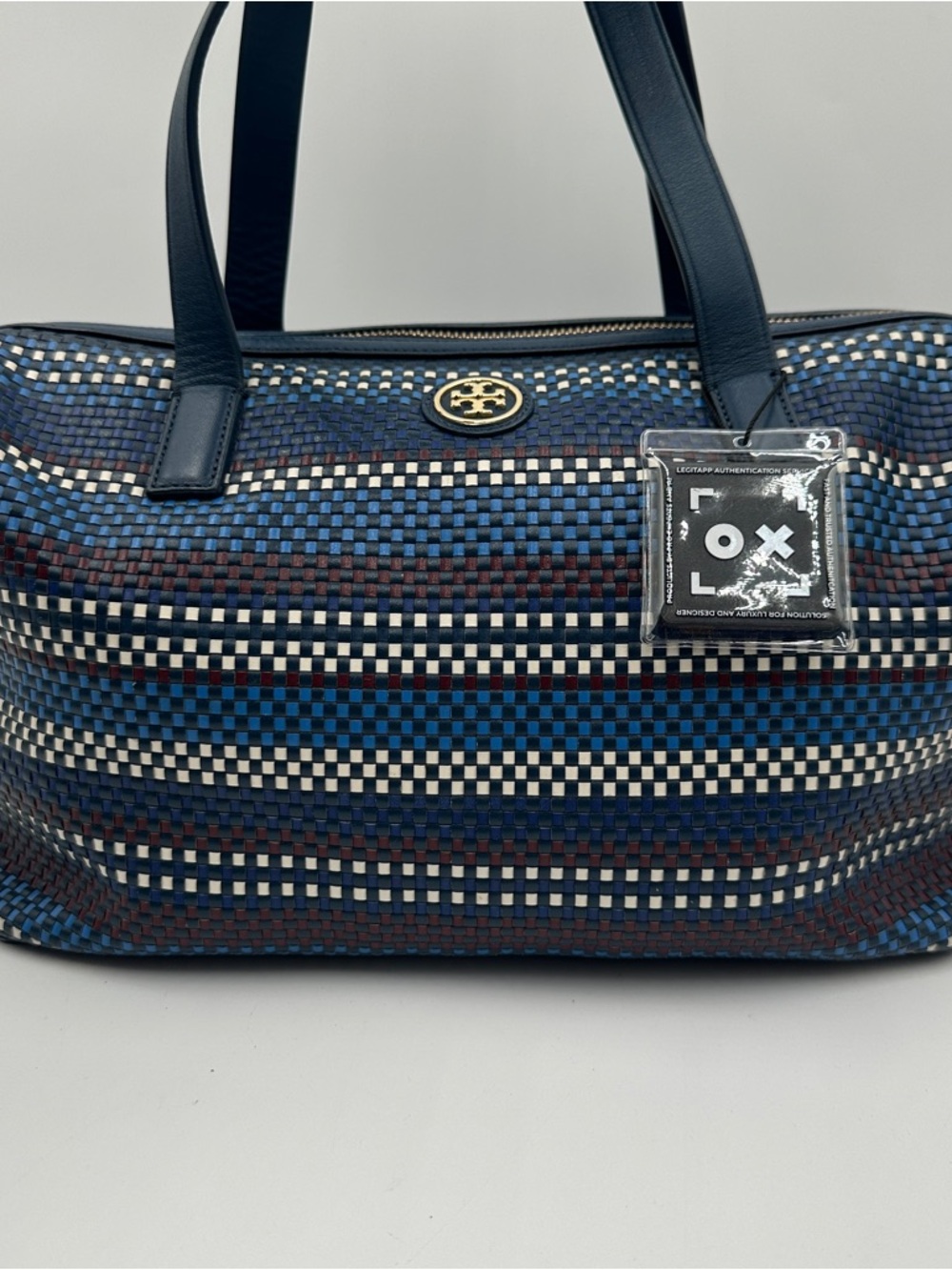 Tory Burch Multicolor Woven Leather Tote with Gold Logo and COA